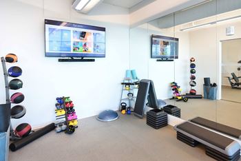 A room with a treadmill, exercise balls, and a television.